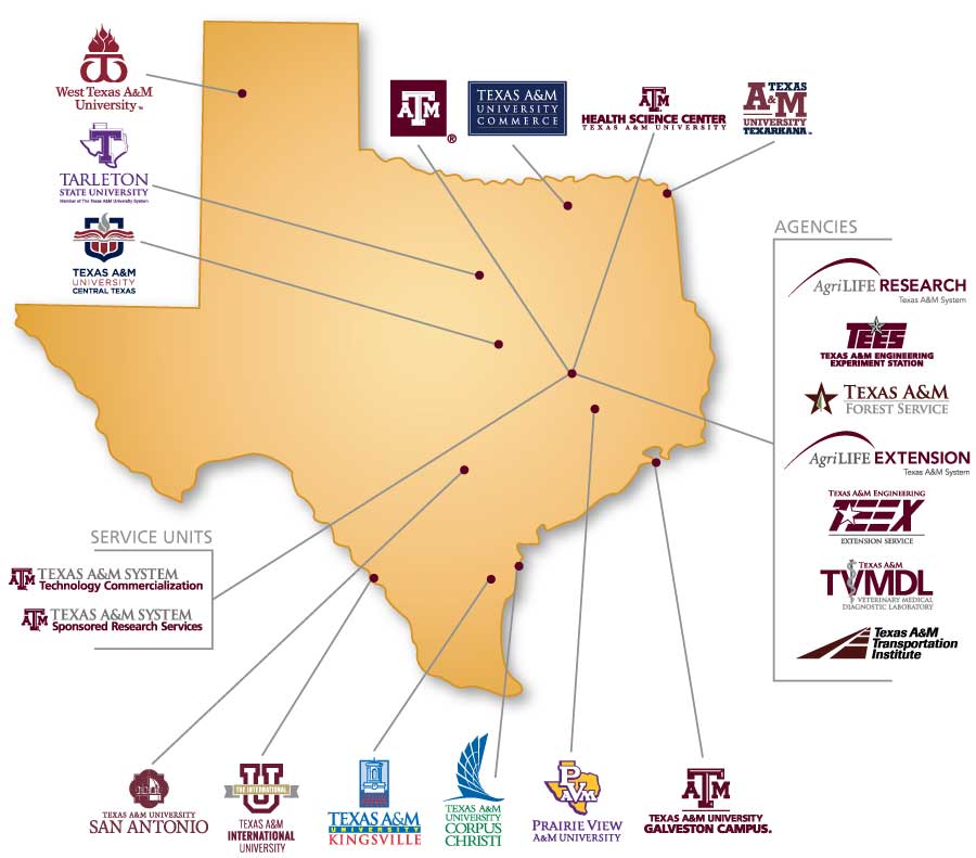 Texas map with Texas A&M System members indentified