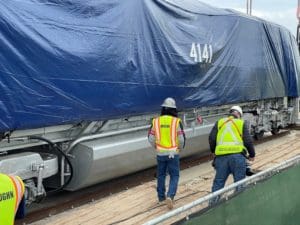 The 4141 train is moved into place at the Bush library.