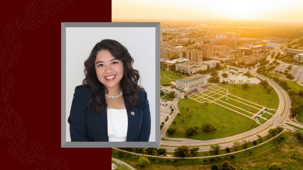 A photo of Lisa Cantu with an aerial view of the Texas A&M University campus behind the photo on the right.