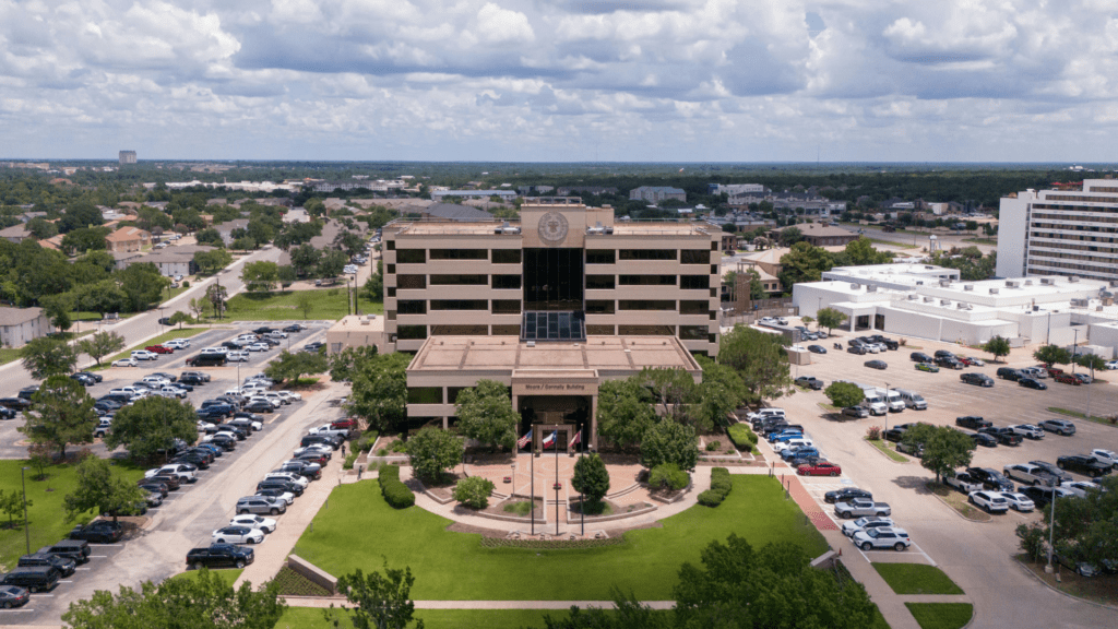 Aerial photo of the A&M System Office 