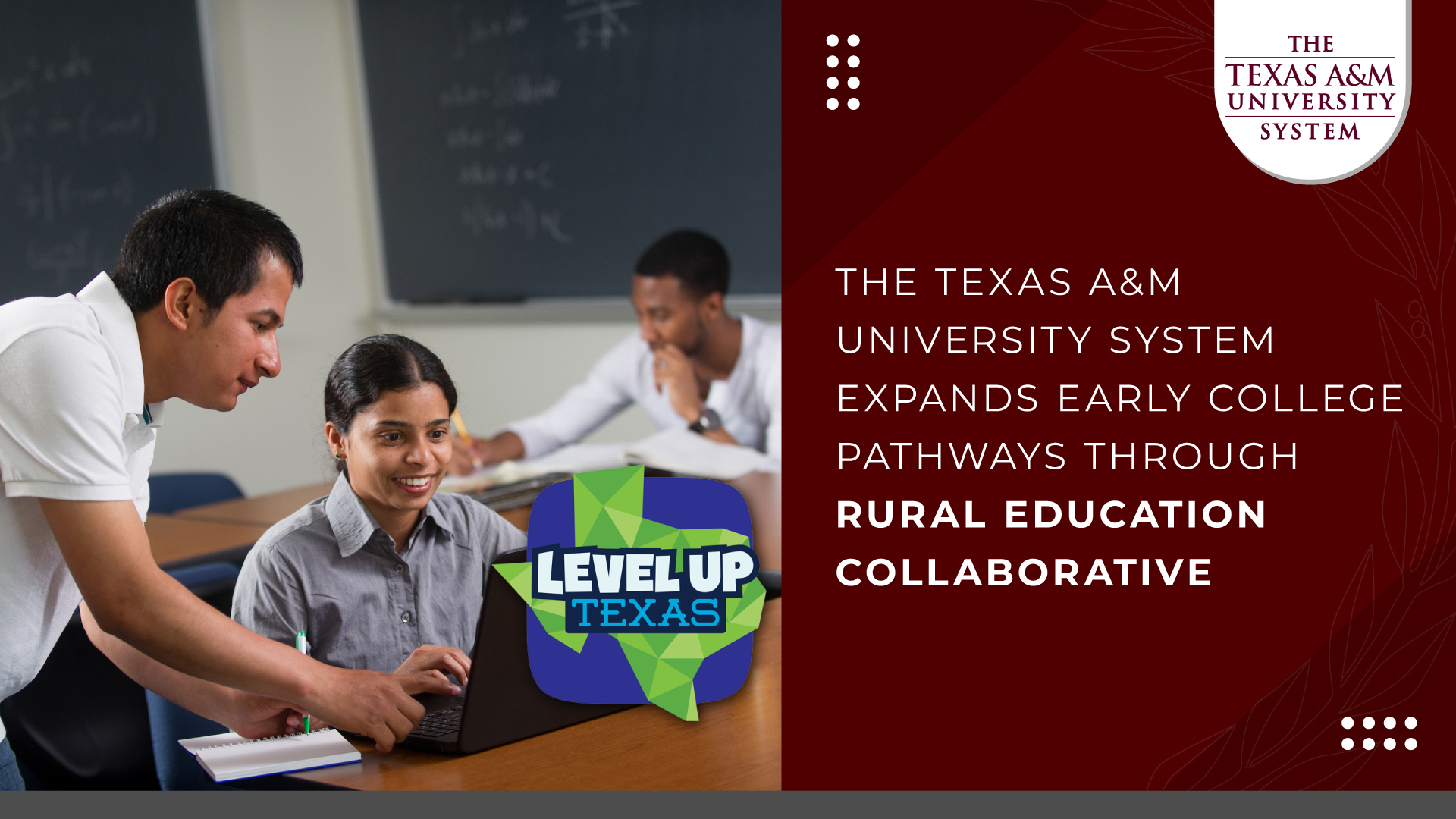 An instructor shows a student something on a laptop with the Level Up Texas visible in the corner of the photo.