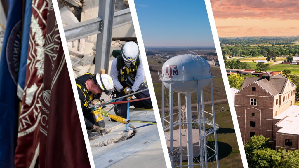 A collage of flags, construction workers, a Texas A&M water tower, and a dormitory building