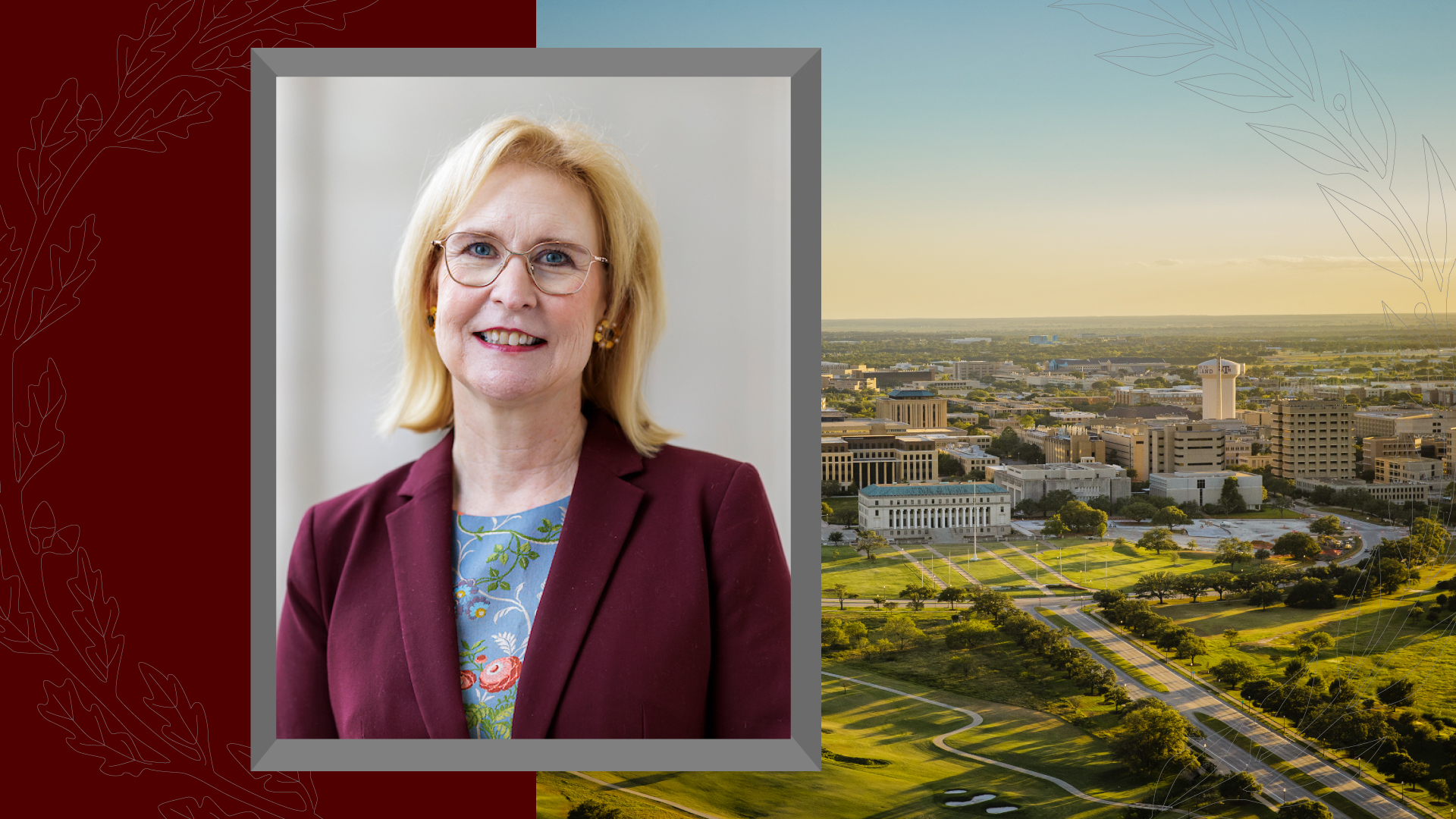 Dr. Susan Ballabina is pictured left with an aerial photo of the campus of Texas A&M University on the right