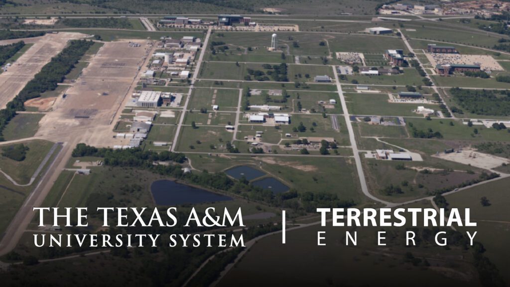 Aerial view of the Rellis campus with the Texas A&M University System word mark and the word mark for Terrestrial Energy placed at the bottom of the photo.